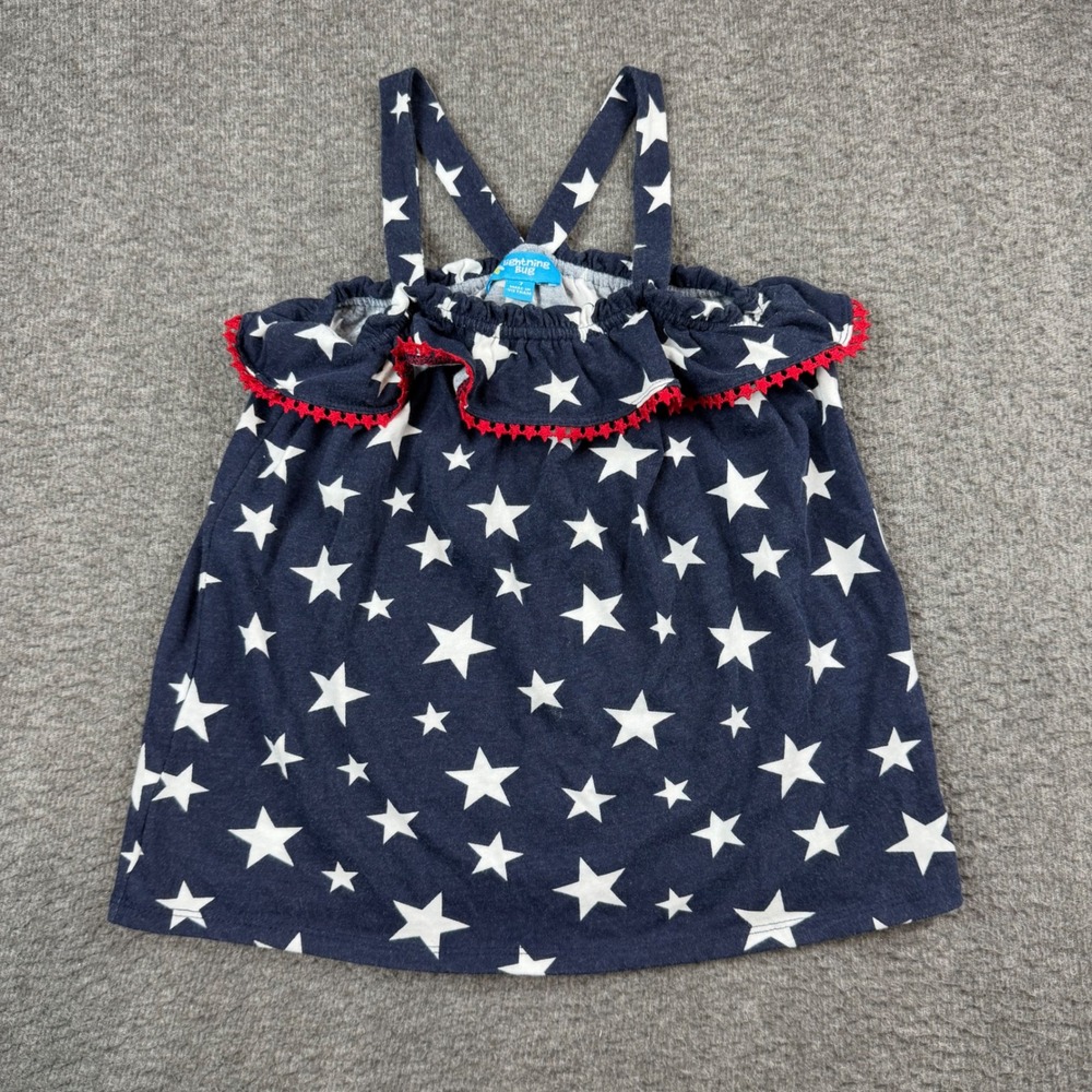 Lightning Bug Tank Top Girls Size 7 Navy Blue Star Ruffle‎ Patriotic 4th July